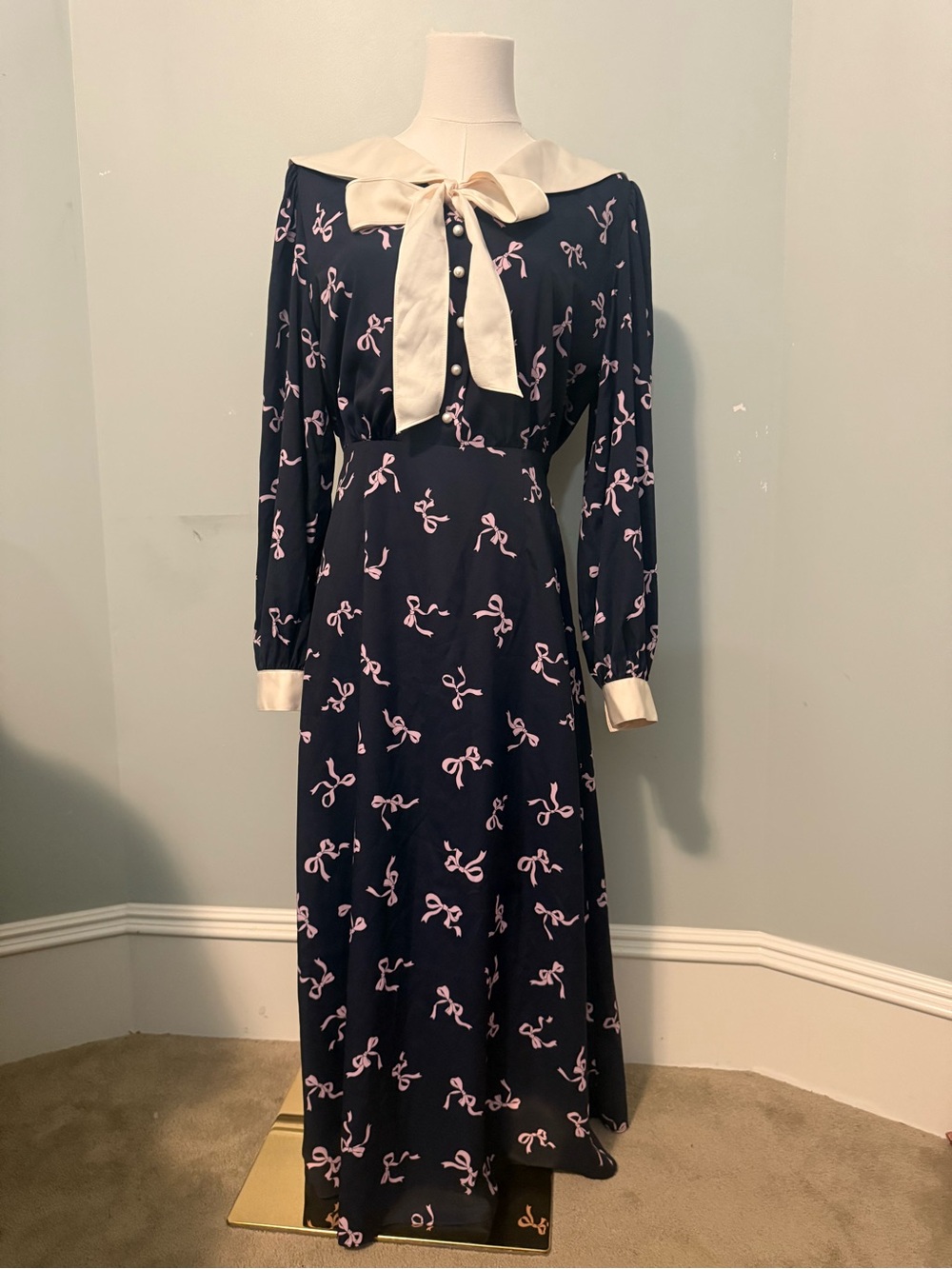 Johnny Hates Jazz Navy Bow-Print Tie Neck Maxi Dress Sz 36